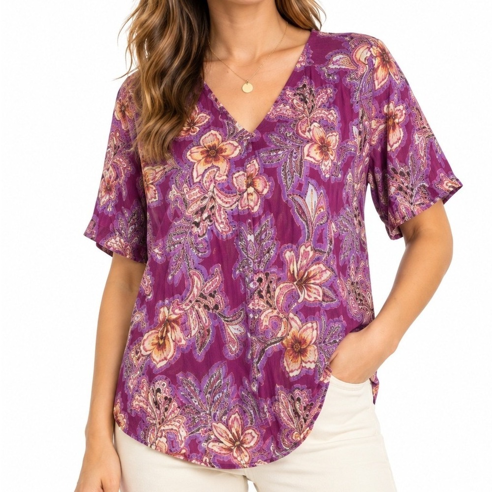 Women's Purple Magenta Floral Paisley Blouse Size L V-Neck Short Sleeve Boho Top